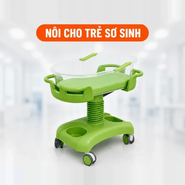 Nôi sơ sinh bệnh viện – chậu nôi trong suốt, bánh xe