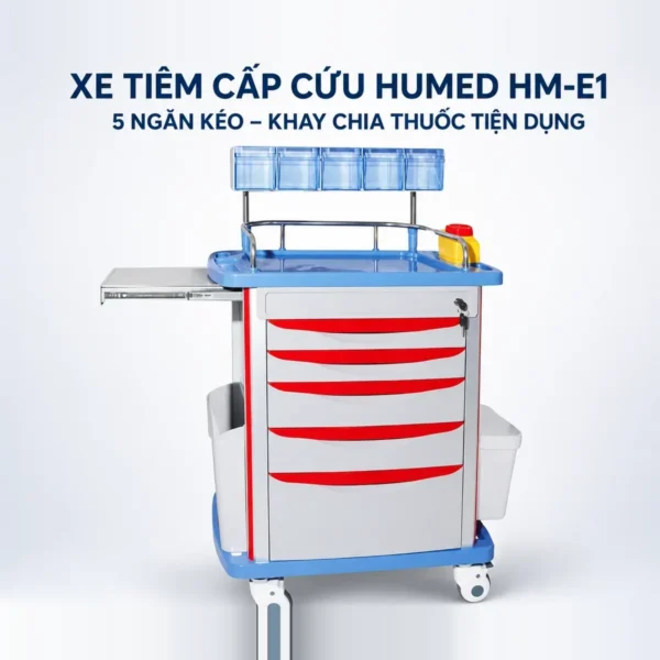 Xe tiêm cấp cứu Humed HM-E1 – 5 ngăn kéo, thùng rác đôi
